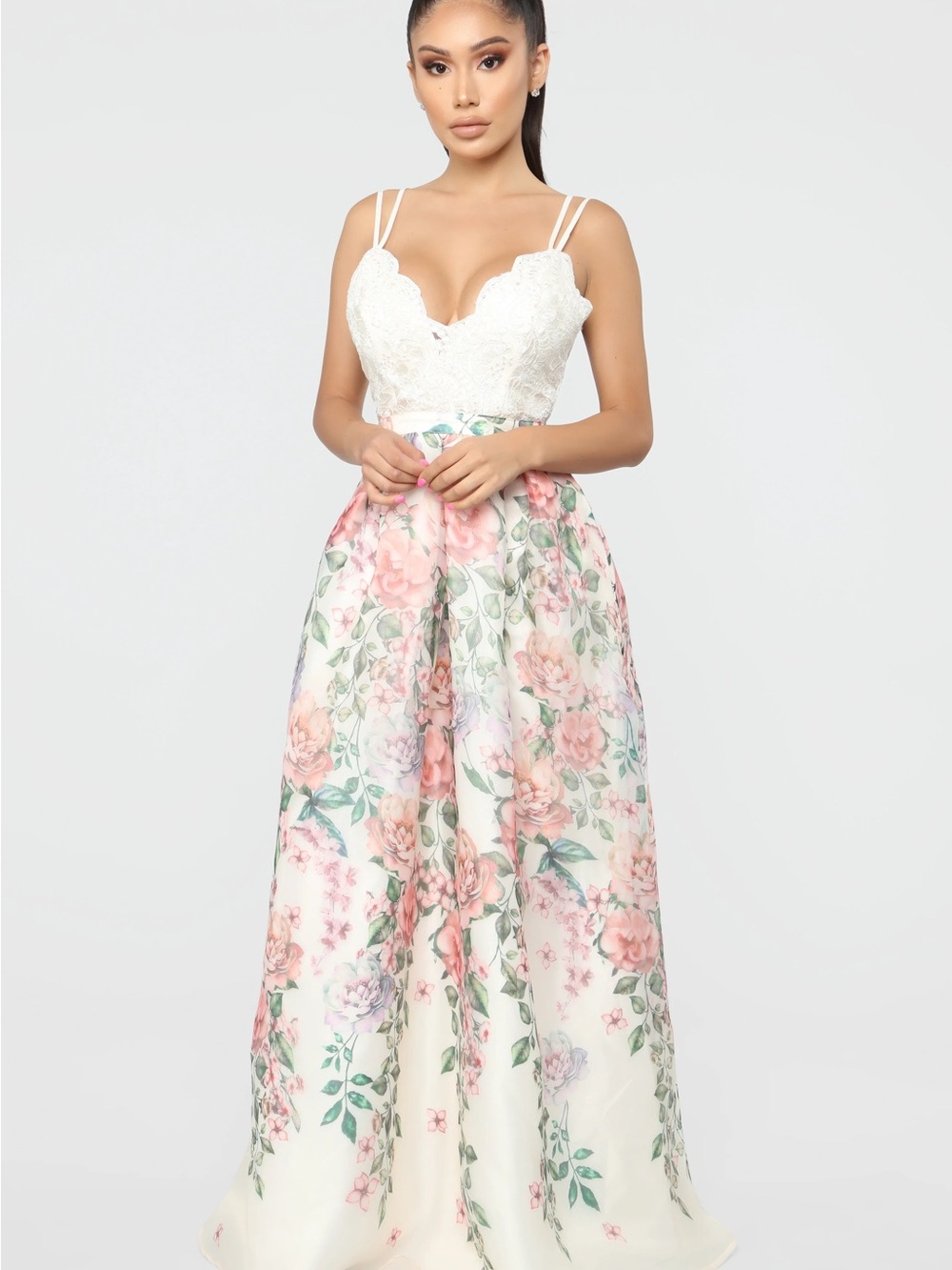 Fashion Nova White Lace & Floral Ball Gown Dress